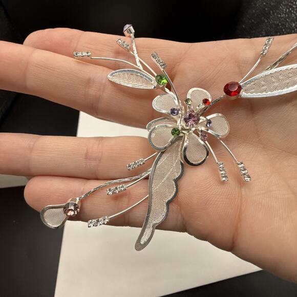 Floral Necklace 18in Multicolor Crystal Flower Silver Tone Mesh Leaves Fairycore - Picture 5 of 10